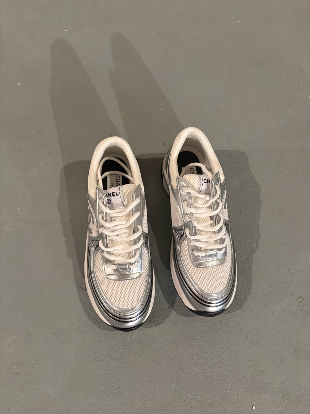 CHANEL White and Silver Mesh Low-Top Sneakers